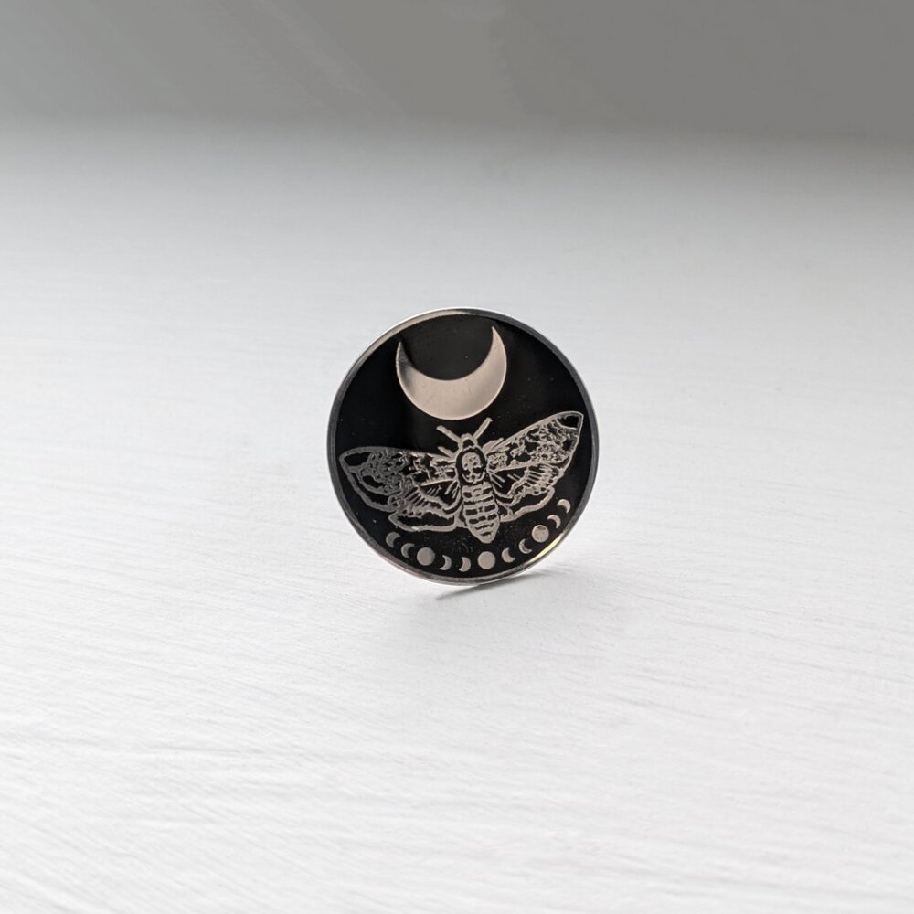 Death's Head Moth and Moon Phases Black and Silver Enamel Pin - Witchy, Goth - Picture 2 of 4